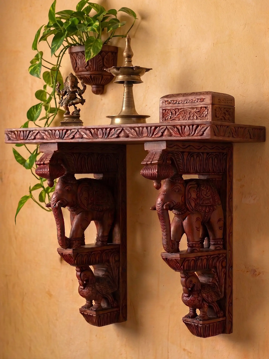 Handcrafted Elephant With Hamsa Corbels - Premium Wooden Wall Brackets 18''
