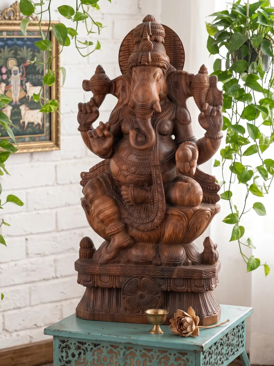 Handcrafted Wooden Lord Ganesha Sculpture - Traditional Ganesh Idol 36''