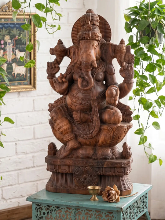 Handcrafted Wooden Lord Ganesha Sculpture - Traditional Ganesh Idol 36''