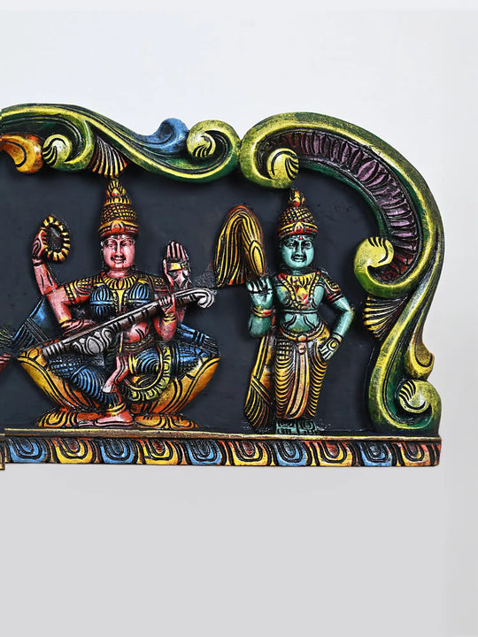 Wooden Temple Panel Featuring Goddess saraswathi