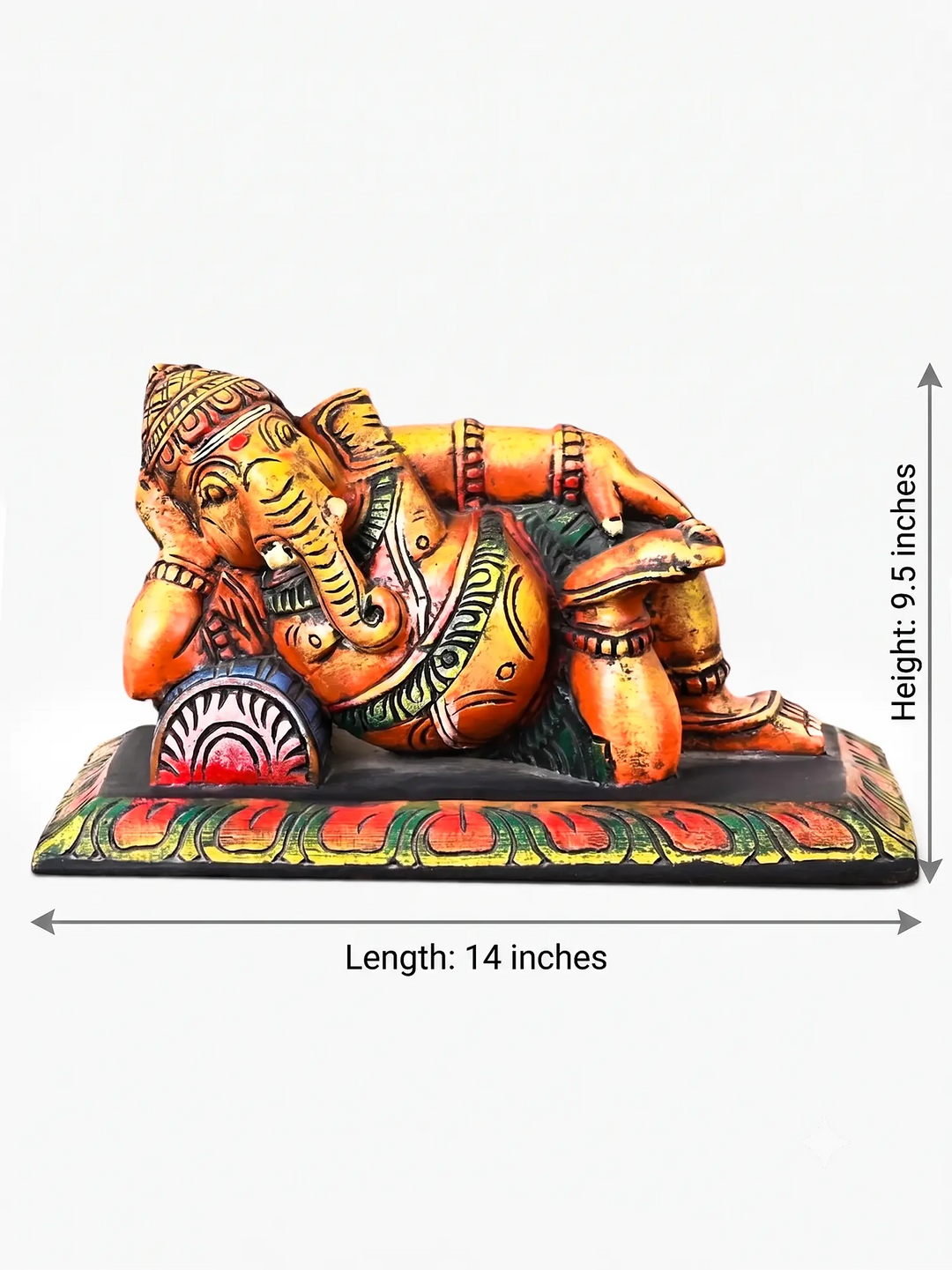 Lord Ganesha Reclining Wooden Statue - Handcrafted Artwork 9.5"