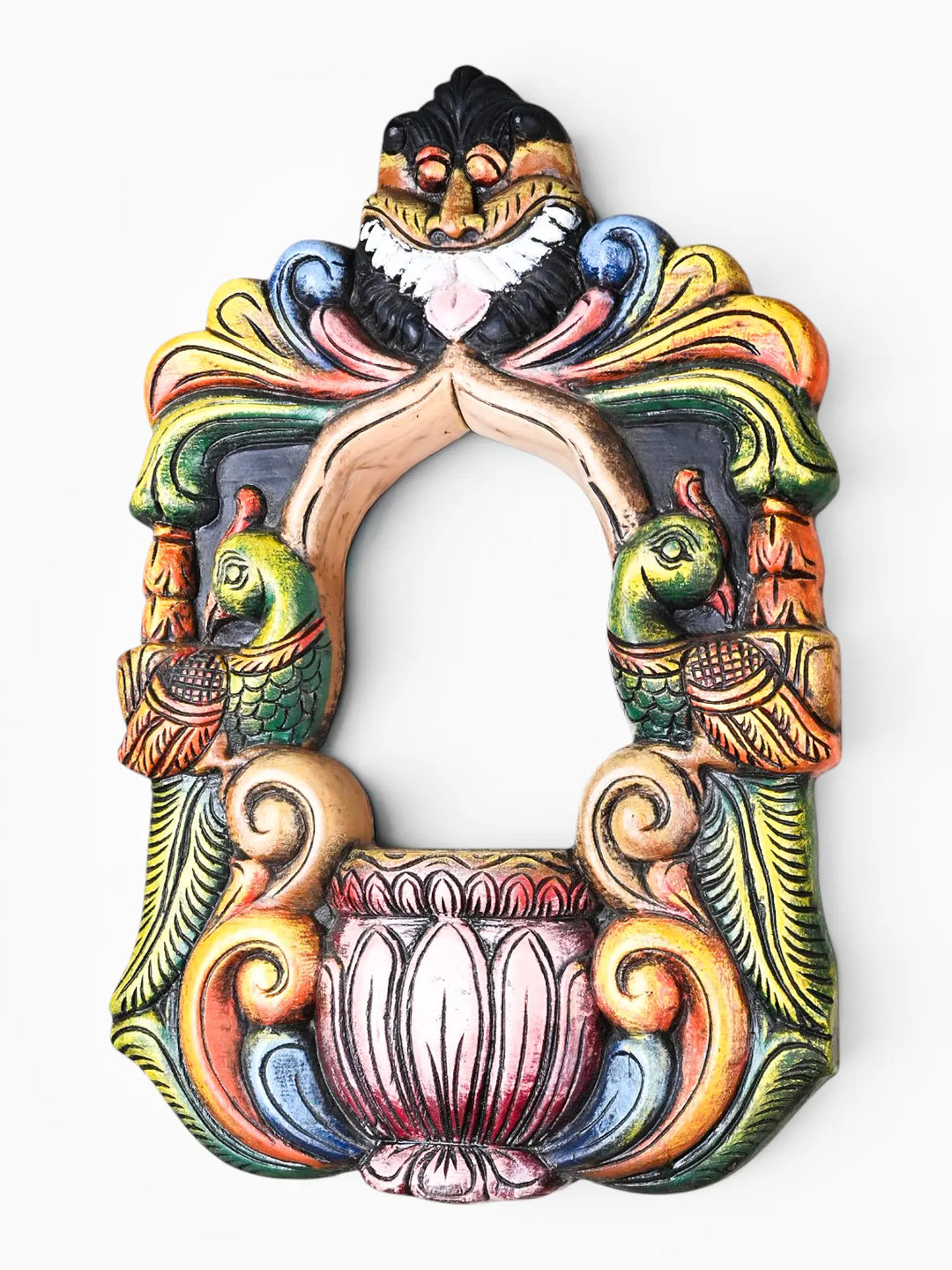 Handcrafted wooden wall mount frame with parrot carvings