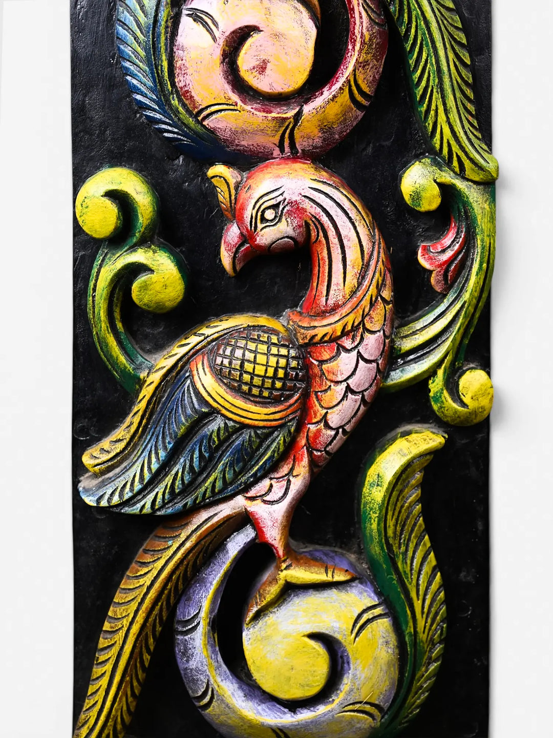 Colorful peacock wooden carving wall panel