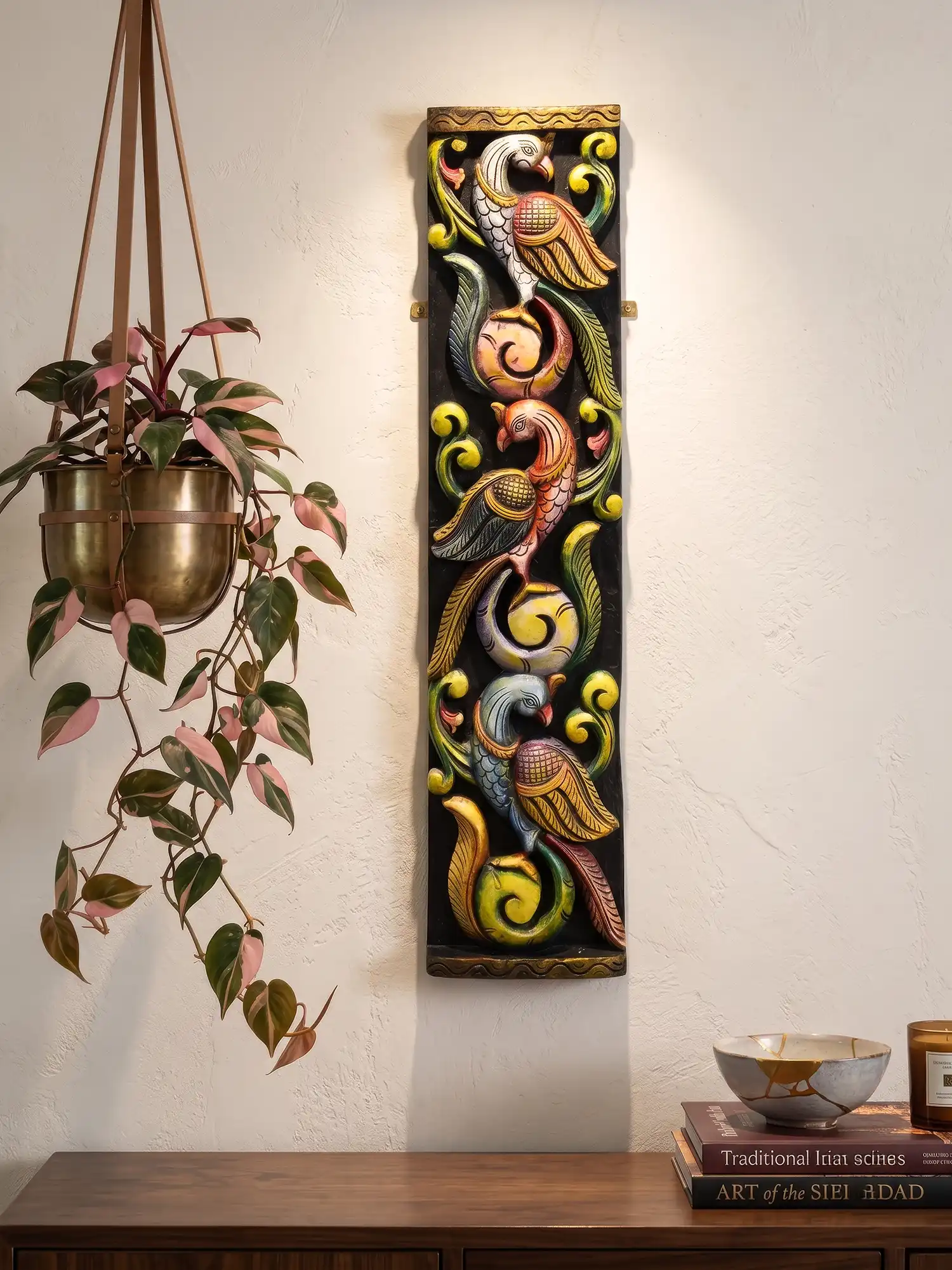 Handcrafted Wooden Peacock Wall Panel with Colorful Traditional Bird Carving