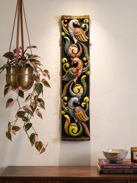 Handcrafted Wooden Peacock Wall Panel with Colorful Traditional Bird Carving