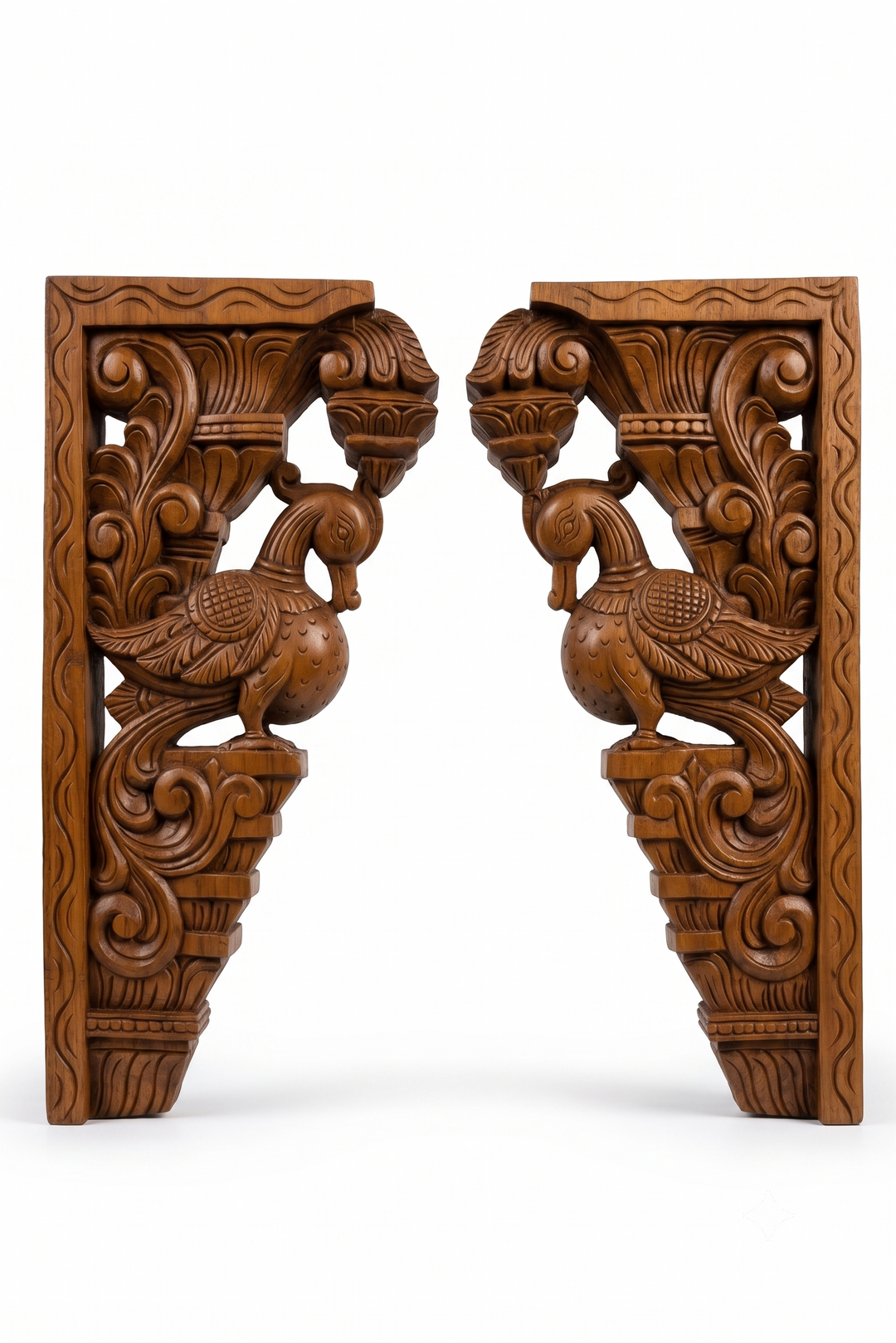 Hand Carved Wooden Hamsa Peacock Brackets – Pair
