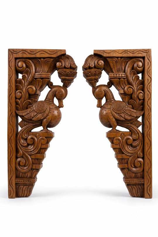 Hand Carved Wooden Hamsa Peacock Brackets – Pair