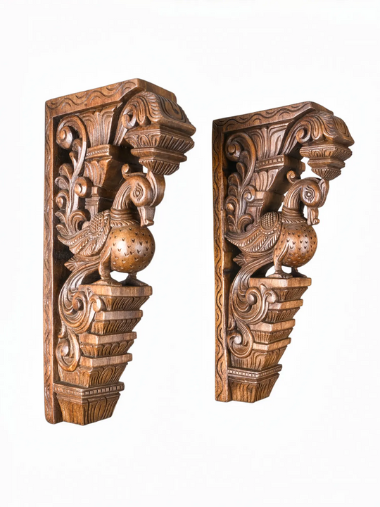 Premium handcrafted wooden peacock brackets showcasing authentic Indian craftsmanship.