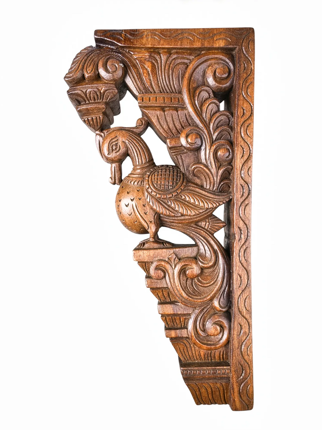 Decorative handcrafted wooden wall bracket pair with traditional peacock design.