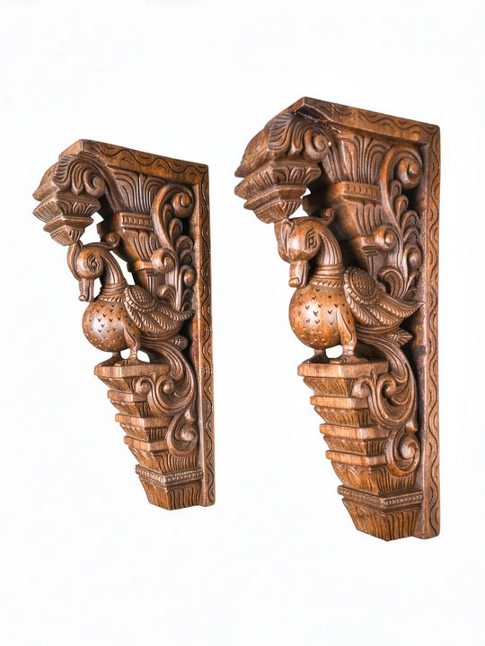 Luxury wooden peacock shelf support brackets for heritage style interiors.