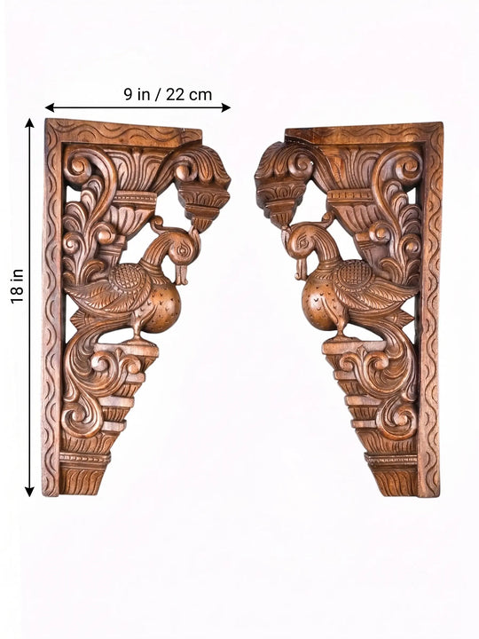Handcrafted wooden peacock wall bracket pair with intricate  temple carvings.