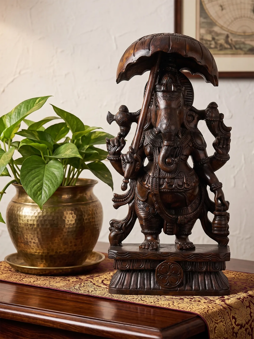 Antique Finish Wooden Ganesha Statue for Spiritual Decor