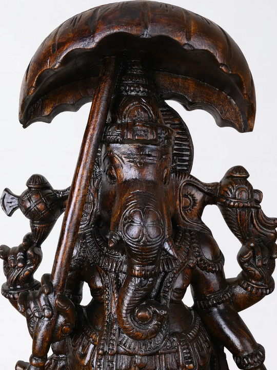 Wooden Standing Ganesha Statue with Umbrella