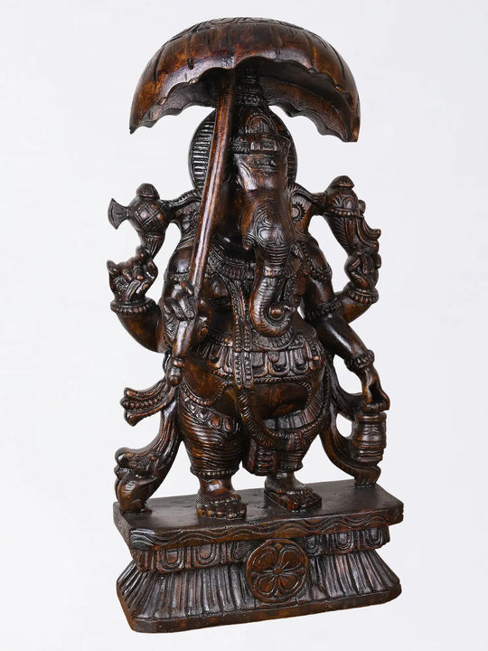 Handcrafted wooden standing Lord Ganesha statue