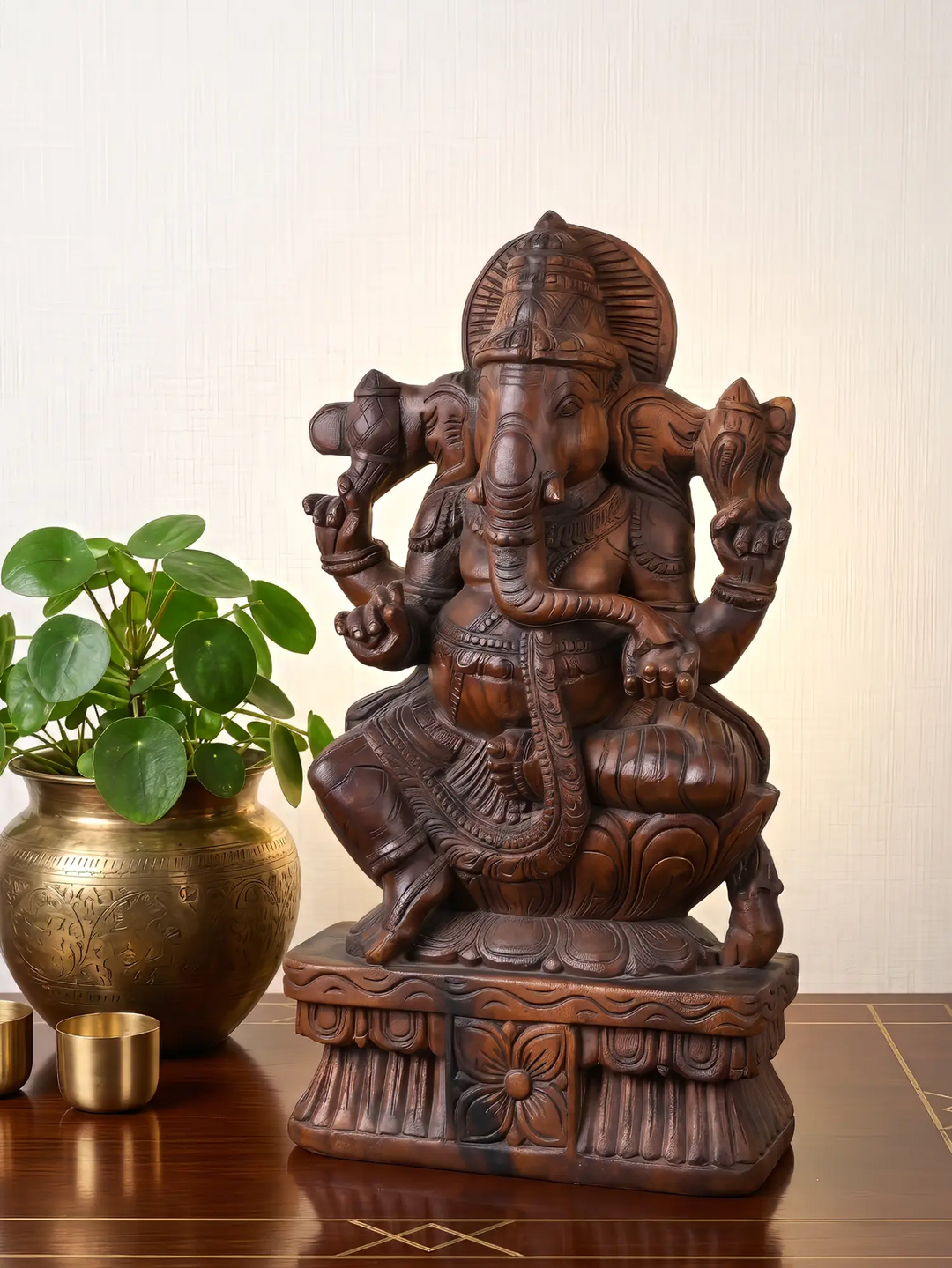 Antique Finish Wooden Ganesha Statue for Spiritual Decor