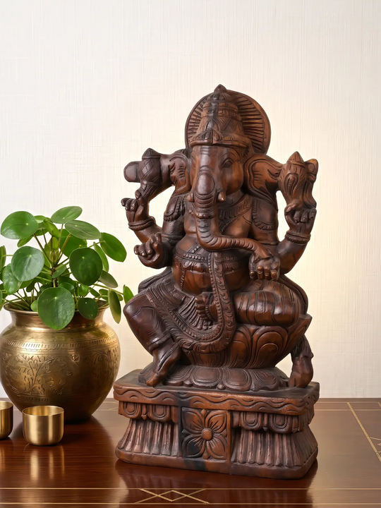 Antique Finish Wooden Ganesha Statue for Spiritual Decor