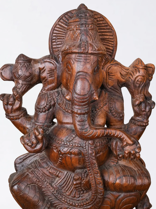 Antique Finish Wooden Ganesha Statue for Spiritual Decor