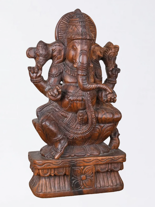 Handmade Wooden Ganapati Statue with Intricate Carving
