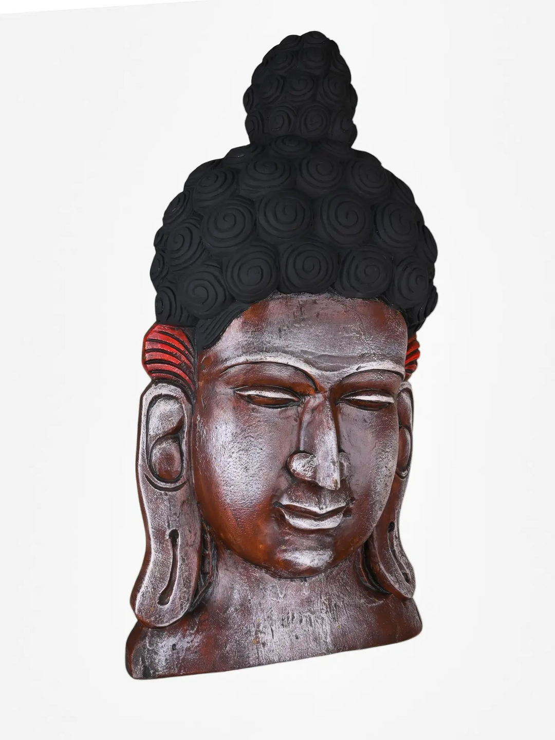 Handcrafted wooden Buddha face sculpture wall decor with detailed artisan carving