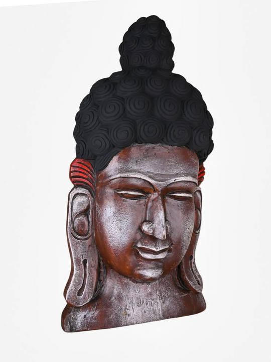 Handcrafted wooden Buddha face sculpture wall decor with detailed artisan carving