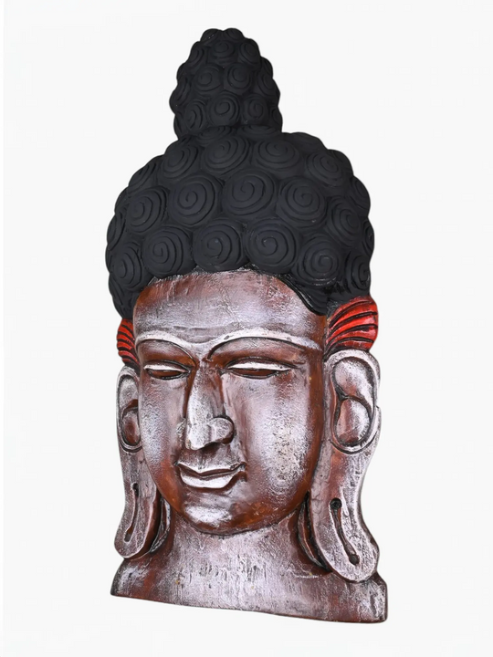 Premium Wooden Buddha Face Carving – Spiritual Wall Decoration 22''