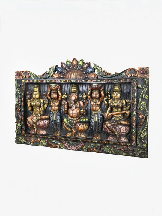 Wooden Devotional Art Ganesha and Two Goddesses-27"