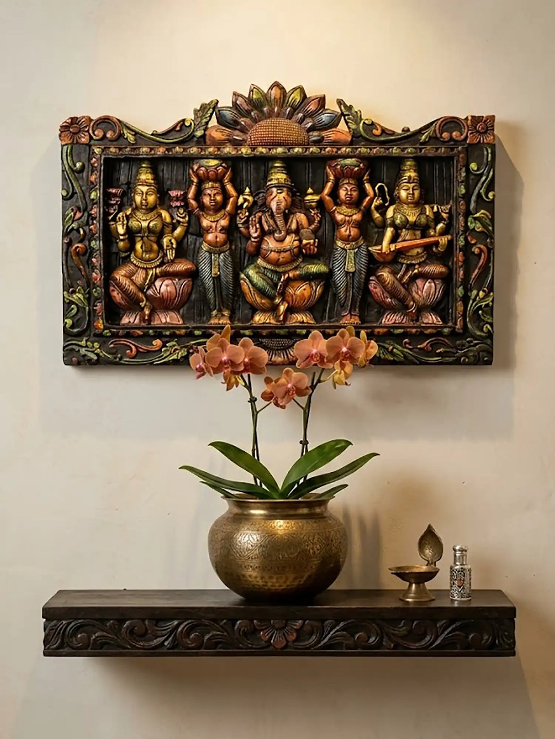 Multicolor wooden carved religious wall hanging panel