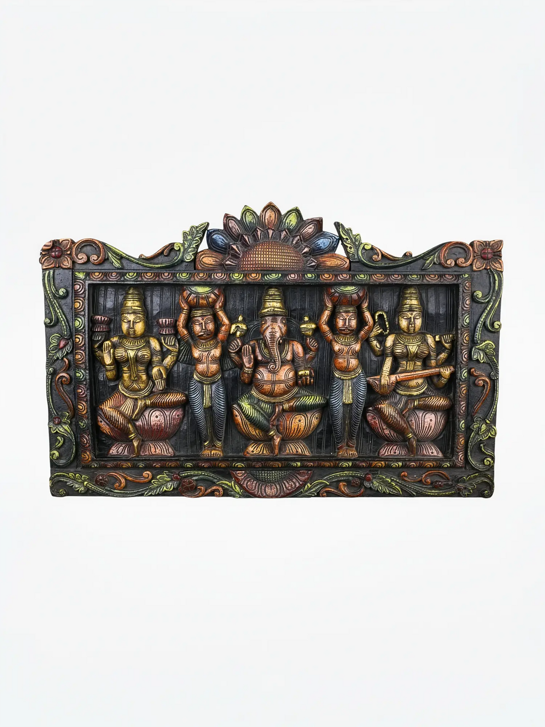 Colourful Lord Ganesha Wooden Carved Panel