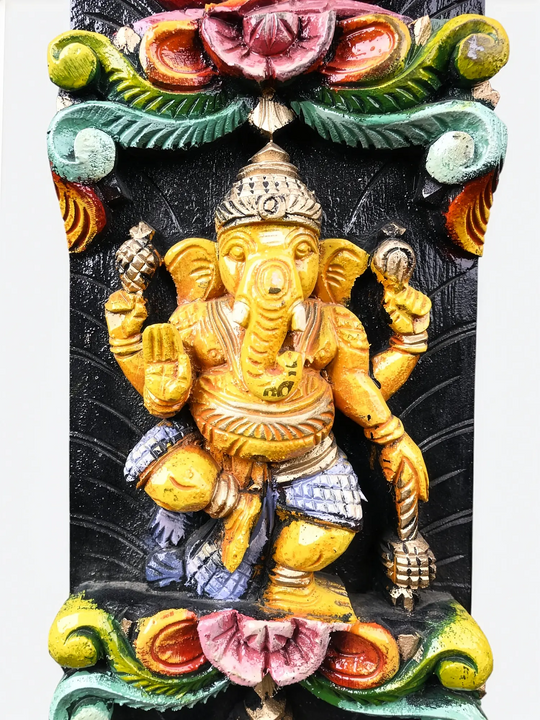 Hand painted wooden Ganesha wall hanging panel artisan craftsmanship