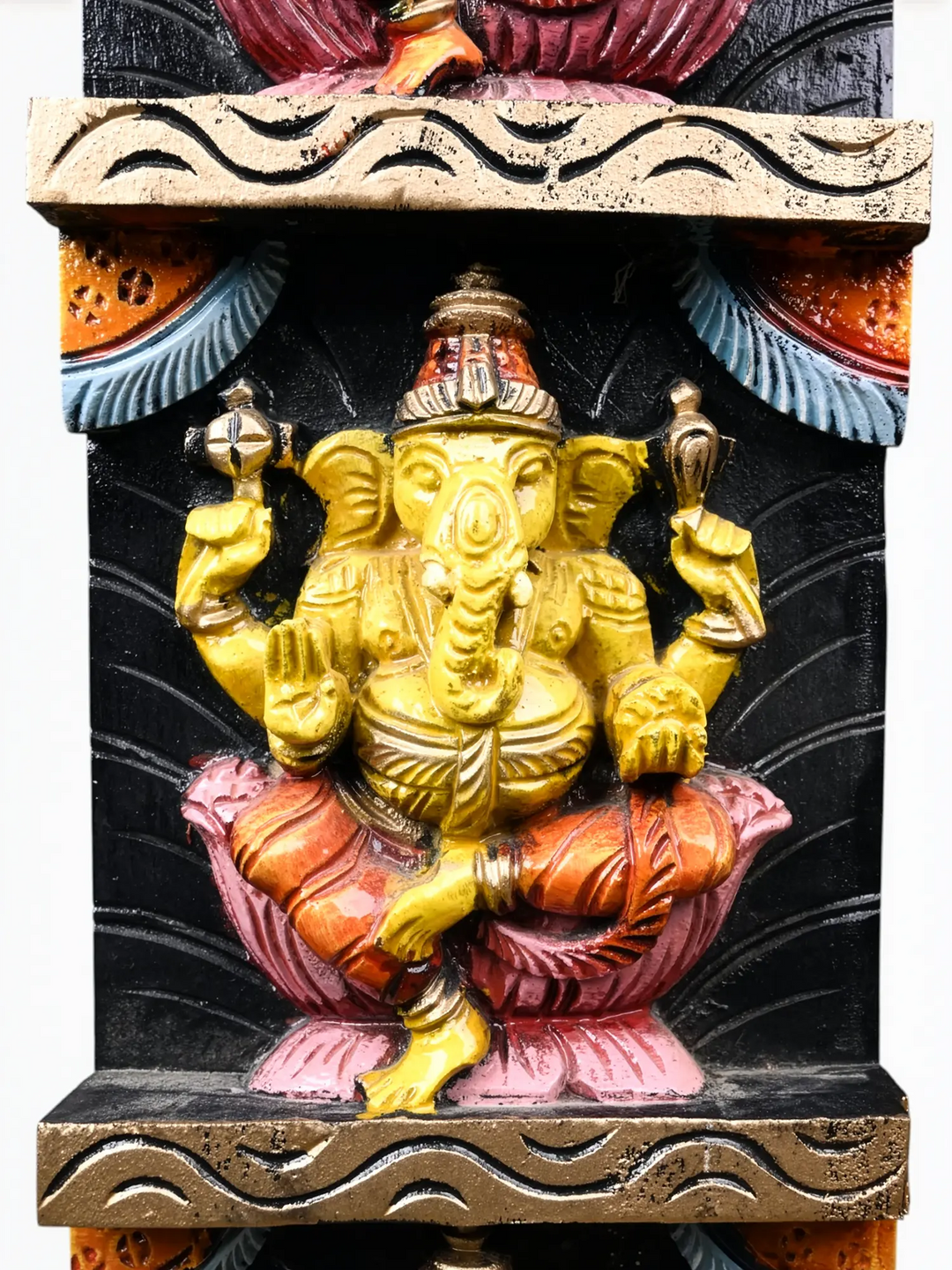 Religious wooden wall art with Ganesh Lakshmi Saraswati-Wall Hanging 23.5''
