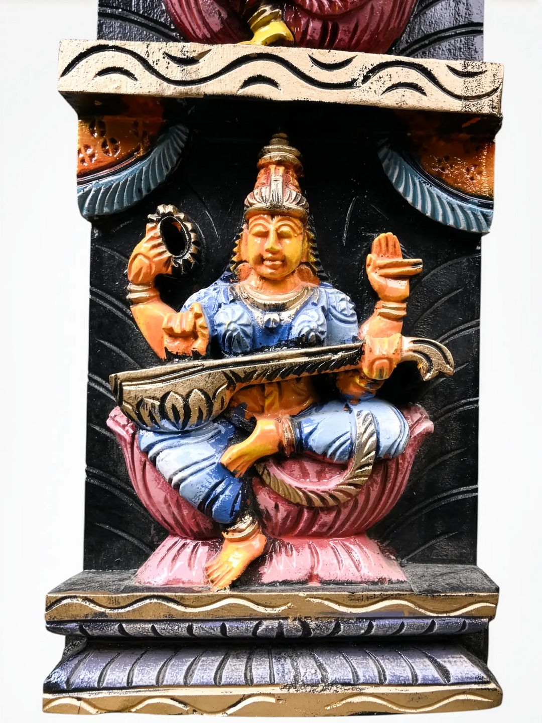 Religious wooden wall art with Ganesh Lakshmi Saraswati-Wall Hanging 23.5''