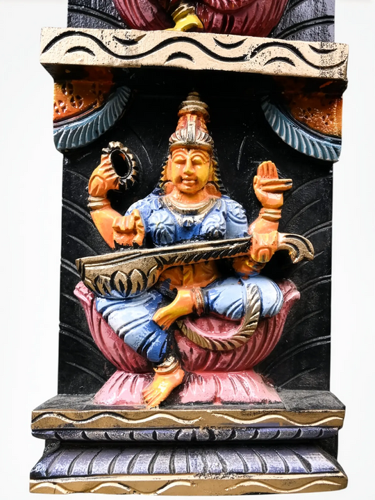 Religious wooden wall art with Ganesh Lakshmi Saraswati-Wall Hanging 23.5''
