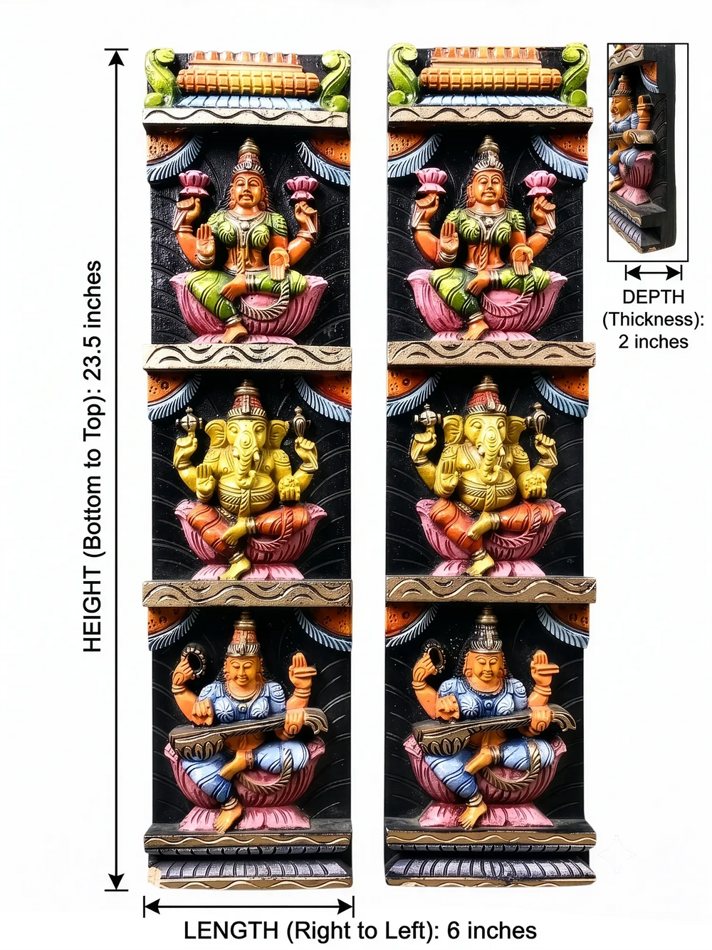 Religious wooden wall art with Ganesh Lakshmi Saraswati-Wall Hanging 23.5''