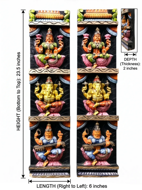 Religious wooden wall art with Ganesh Lakshmi Saraswati-Wall Hanging 23.5''