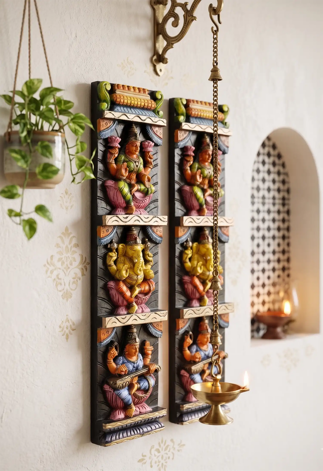 Wooden Temple Architecture Inspired Wall Panel of ganesh,lakshmi and saraswathi
