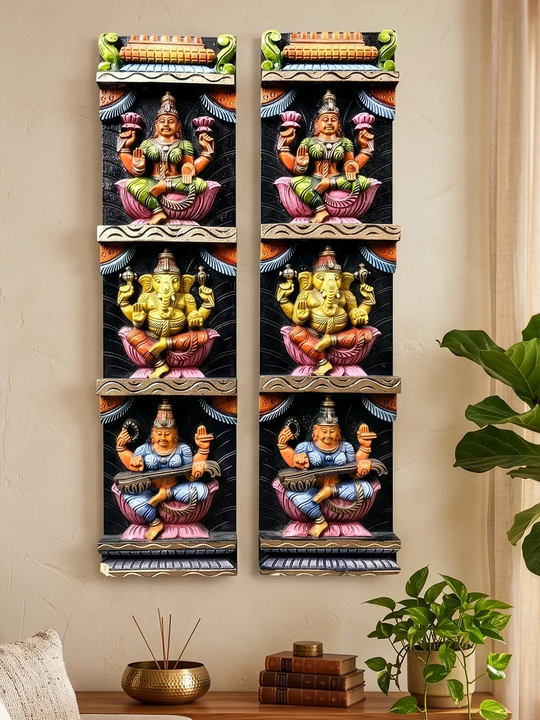 Religious wooden wall art with Ganesh Lakshmi Saraswati-Wall Hanging 23.5''