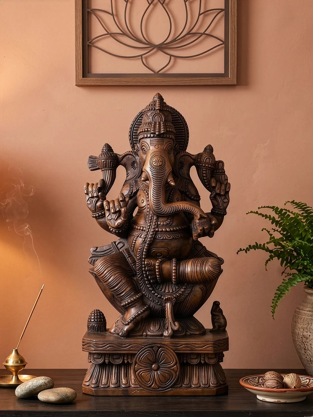 Premium Wooden Ganesha Sculpture - Hand-Carved Lord Ganesh Statue for Home 24''
