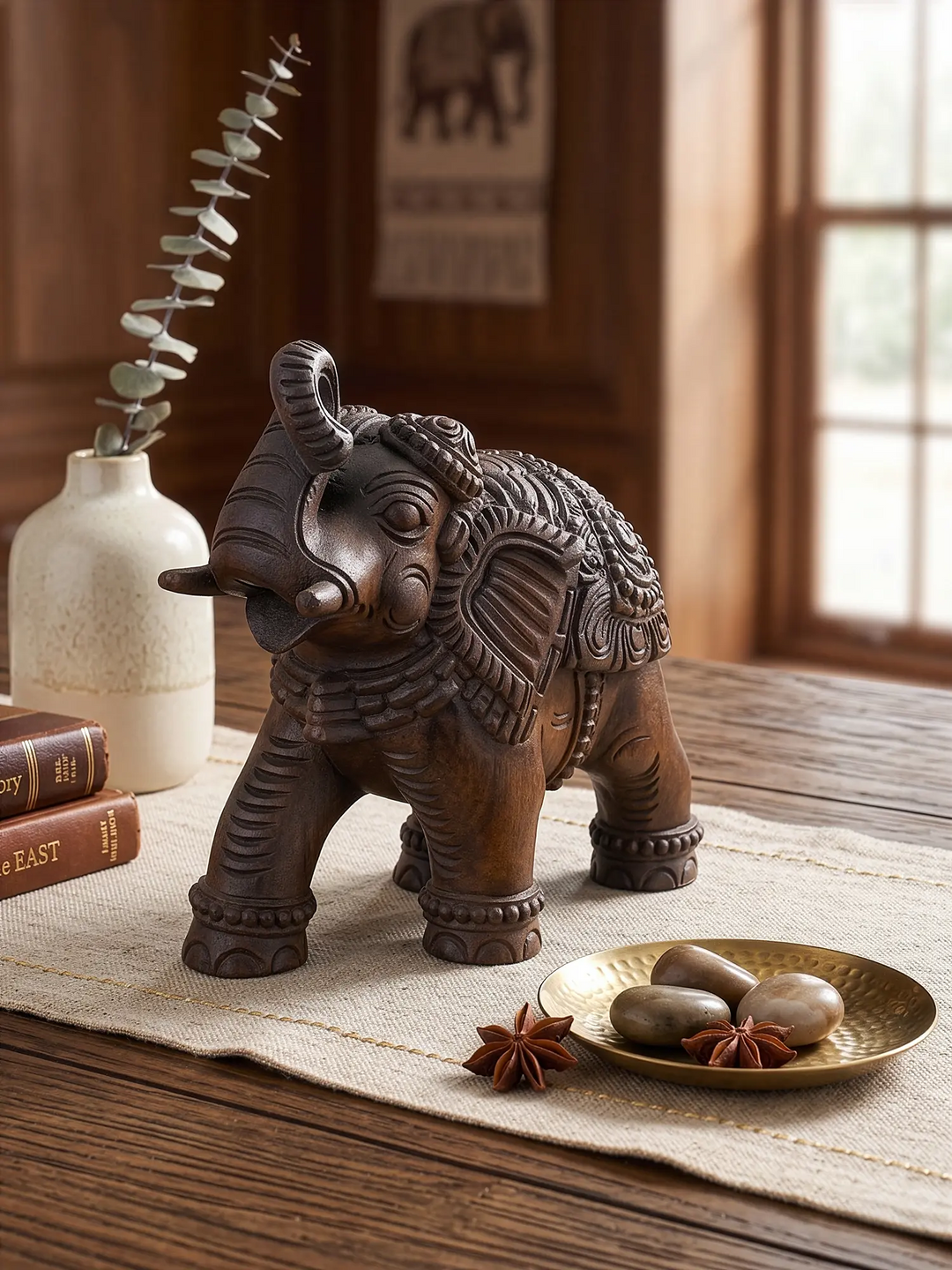 Premium Hand Carved Wooden Elephant Sculpture - Home Decor 12''