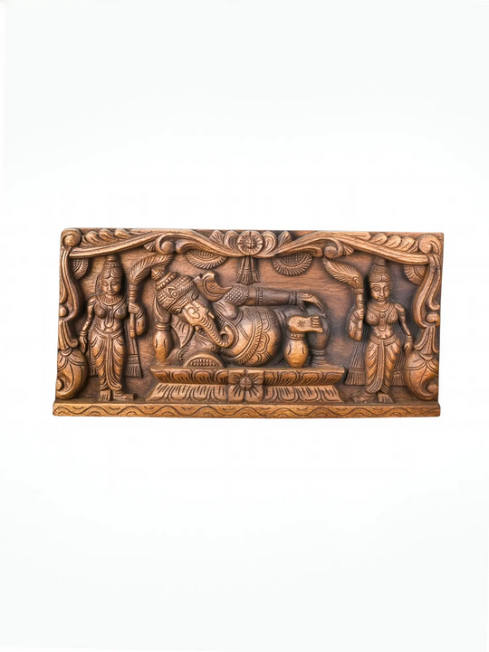 Decorative Reclining Ganesha Wooden Relief Panel Handmade Artwork