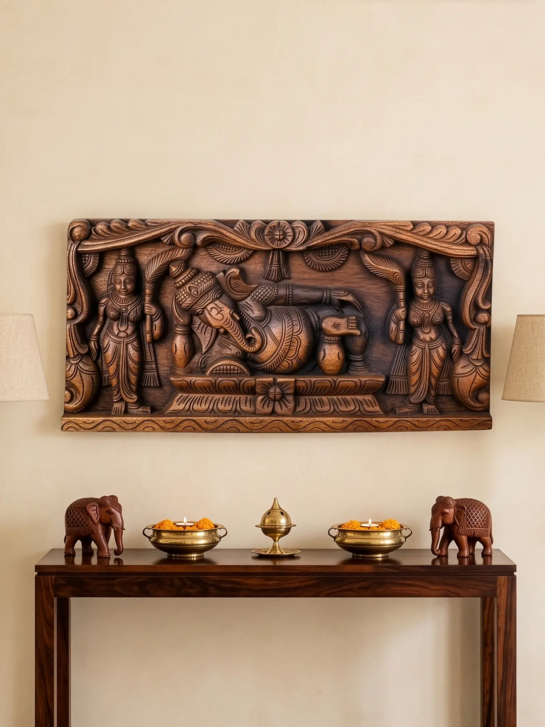 Decorative Reclining Ganesha Wooden Relief Panel Handmade Artwork