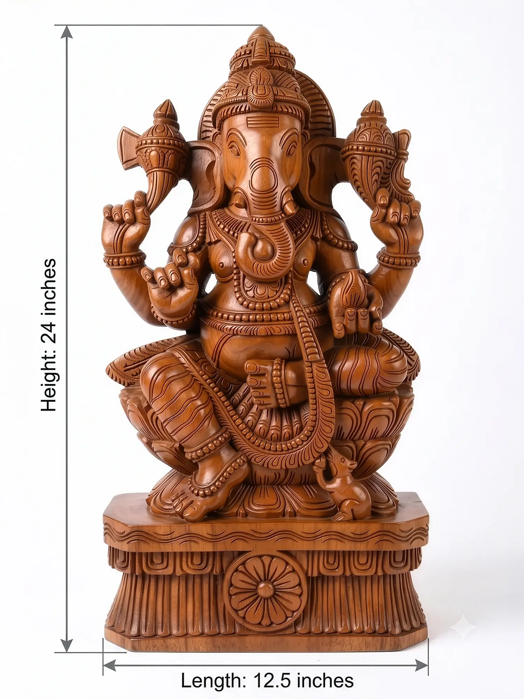 Fine carved wooden Ganpati murti with intricate floral detailing