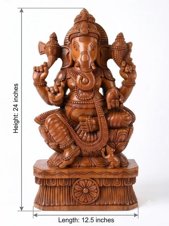 Fine carved wooden Ganpati murti with intricate floral detailing