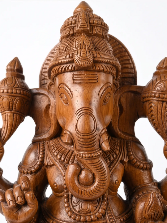 Handcrafted Wooden Ganesha Statue with Intricate Traditional Wood Carving