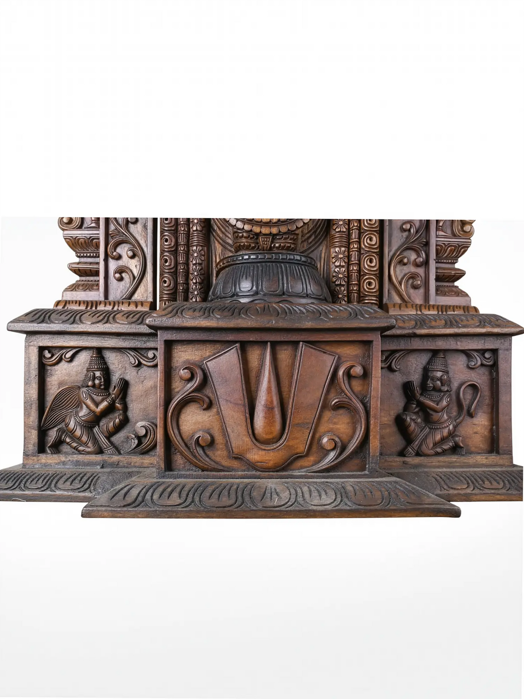 Handcrafted Tirupati Balaji wooden statue with traditional temple arch carving