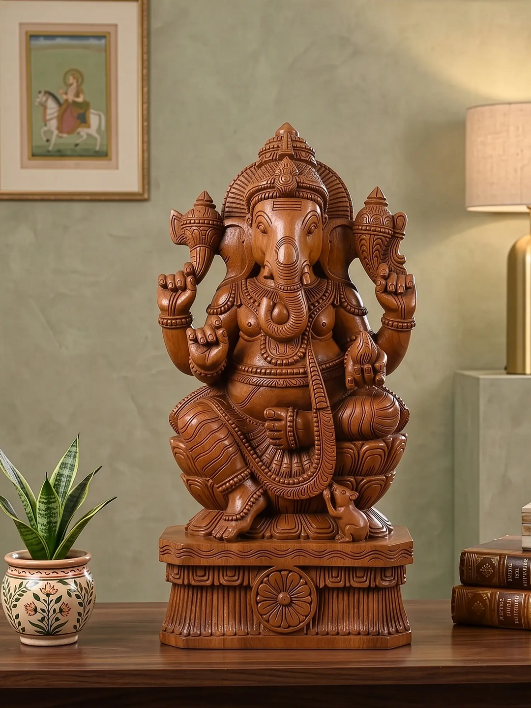Authentic handcrafted Ganesh wood carving for traditional home decoration