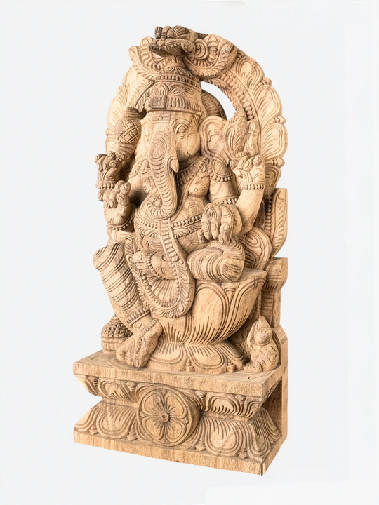 Intricately carved Lord Ganesha wooden sculpture for home entrance décor