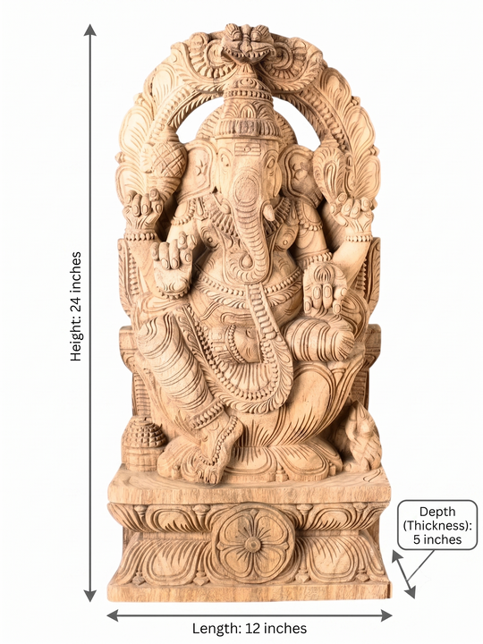Handcrafted wooden Ganesha statue with ornate temple arch and lotus pedestal