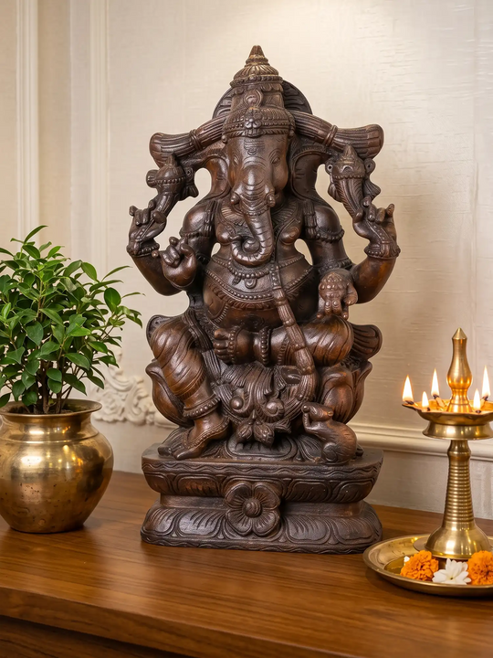 Premium handcrafted wooden Ganesha idol for home temple and pooja room