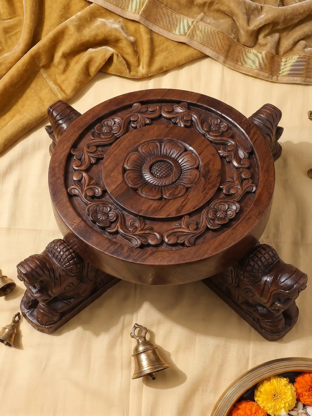 Round Wooden Mini Stool with Elephant