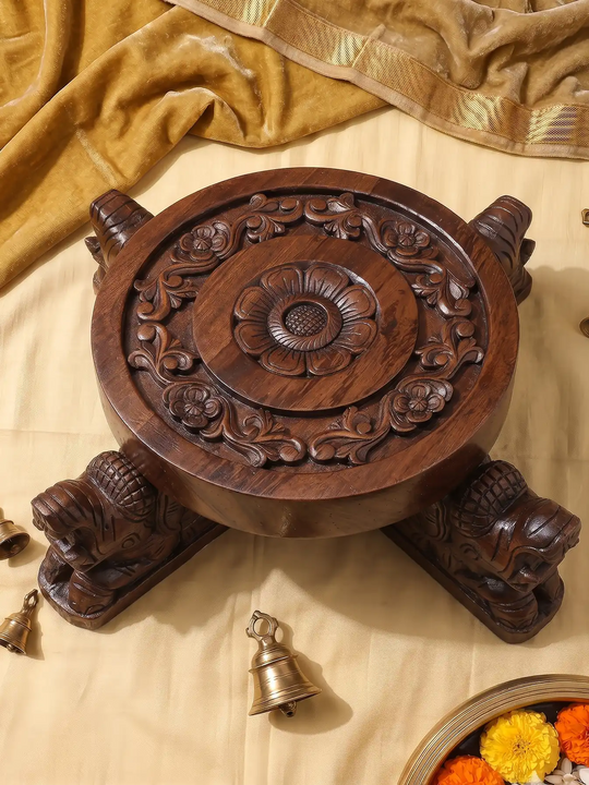 Round Wooden Mini Stool with Elephant